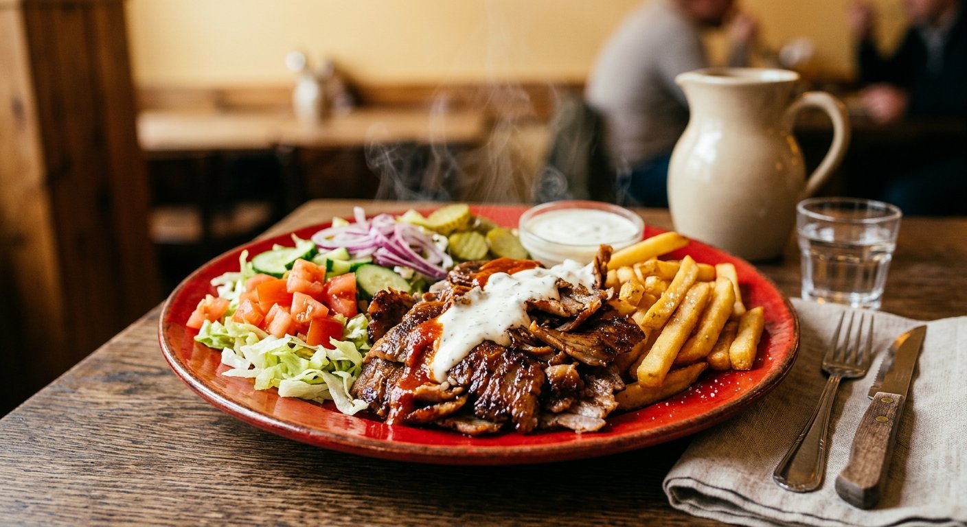 Kebab plate with fries and salad